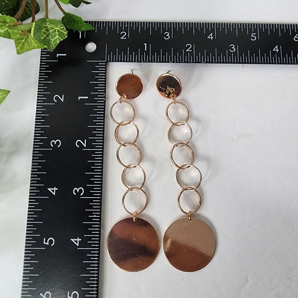 Rose Gold Long Coin Disc Drop Dangle Earrings - Picture 5 of 5